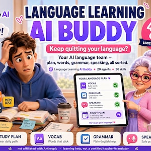 May include: A digital advertisement for Granny AI Language Learning AI Buddy featuring a confused student and a helpful elderly character. The graphic includes text such as Language Learning AI Buddy, 40% OFF, and a tablet displaying a language plan.
