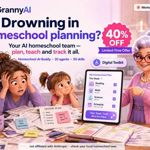 May include: A digital advertisement for GrannyAI featuring text that reads Drowning in homeschool planning? Your AI homeschool team - plan, teach and track it all. It includes a tablet displaying a homeschool plan, a cartoon grandmother, and a stressed parent with a child surrounded by stacks of curriculum books, papers, and sticky notes.