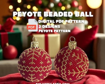 May include: Two red beaded Christmas ornaments with gold accents, featuring a peyote stitch design. The ornaments are displayed on a red surface with a blurred Christmas tree and gifts in the background. Text on the image reads "PEYOTE BEADED BALL" and "DIGITAL PDF PATTERN".