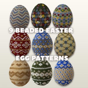 May include: Nine beaded Easter egg patterns in various colours and designs. The eggs are decorated with intricate beadwork in shades of blue, red, green, and gold. The text "9 Beaded Easter Egg Patterns" is displayed.