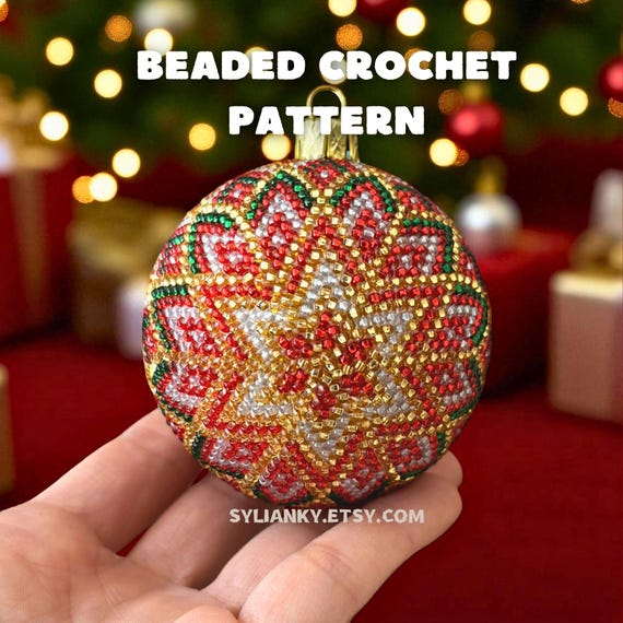 Beaded Crochet Ball Pattern PDF – 6cm Christmas Ornament Scheme – Bead Crochet Tutorial – DIY Holiday Bauble – Instant Digital Download