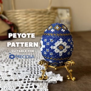 Patrón de huevo azul de Pascua con cuentas, trabajo con cuentas de Pascua, huevo en punto peyote, huevos de Pascua con cuentas, huevos Fabergé, patrones sencillos de trabajo con cuentas