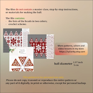 Op de afbeelding: Een kralenbalpatroon met een sneeuwvlokdesign. Het patroon bevat een lijst met kralen in twee kleuren en een haakschema. De bal heeft een diameter van 5 cm. Dit patroon is alleen voor persoonlijk gebruik.
