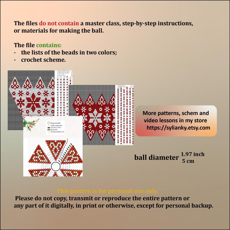 Op de afbeelding: Een kralenbalpatroon met een sneeuwvlokdesign. Het patroon bevat een lijst met kralen in twee kleuren en een haakschema. De bal heeft een diameter van 5 cm. Dit patroon is alleen voor persoonlijk gebruik.