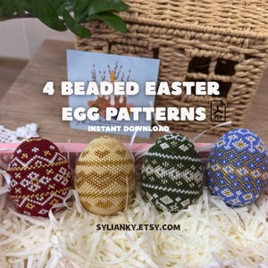 May include: Four beaded Easter egg patterns in a pink box with white paper filler. The eggs are red, gold, green, and blue, each with a unique beaded design. Text on the image reads "4 Beaded Easter Egg Patterns" and "Instant Download."