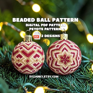 May include: Two spherical ornaments featuring intricate red, cream, and gold beaded peyote patterns. The text reads BEADED BALL PATTERN, DIGITAL PDF PATTERN, PEYOTE PATTERN, 2 DESIGNS, and SYLIANKY.ETSY.COM. Each ornament has a metallic hanging loop.