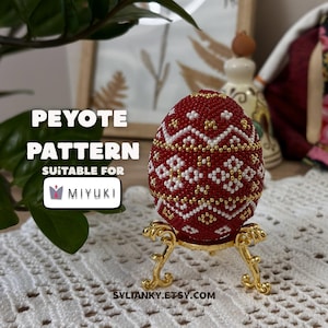 May include: A decorative beaded egg in red, white, and gold, displayed on a gold stand. The egg has a geometric design and the text "Peyote Pattern Suitable for Miyuki". The Etsy shop name "sylianky.etsy.com" is shown.