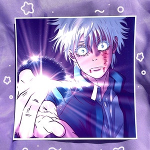 May include: An anime-style illustration of a character with white hair and intense blue eyes, reaching out with a glowing hand. The character has a facial injury. The background is a dark purple with star-like effects.