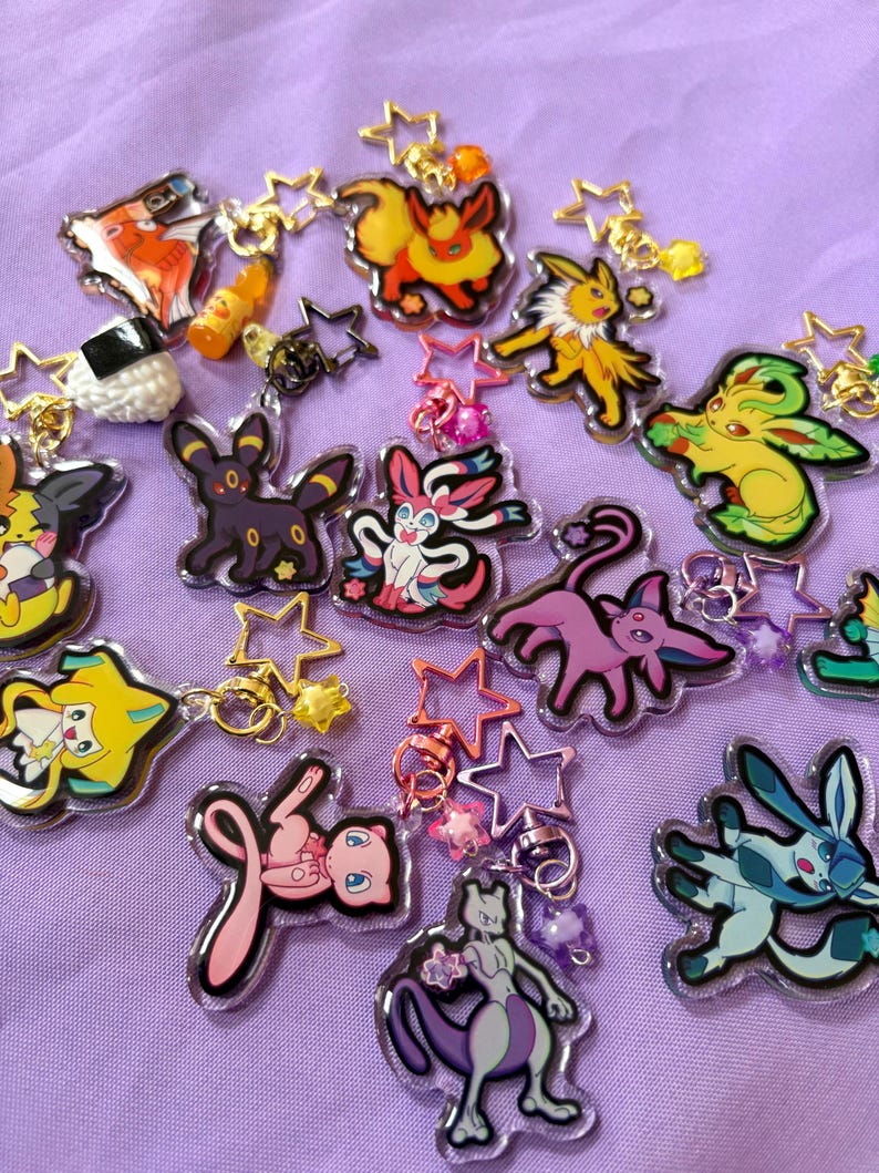 Pokémon/Eeveelution w/ Japanese Snacks Double Sided Keychains// 2in. Keychains All 9 Eeveelution!!!