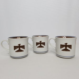 Set of 3 Vintage Salem Stoneware White Brown Blue Thunderbird Coffee Cup 8 oz