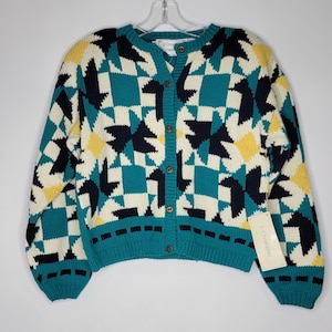 Vintage J. Christopher Small Hand Knitted 100% Cotton Colorful Geometric Cardigan Sweater