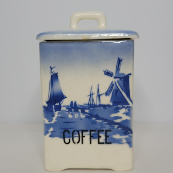 Vintage Czechoslovakia Delft Blue Nautical Windmill Ceramic Coffee Canister 8"