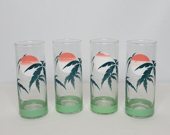 Set of 4 Vintage Panache Palm Tree Sunset Glasses Highball Tumbler 14 oz