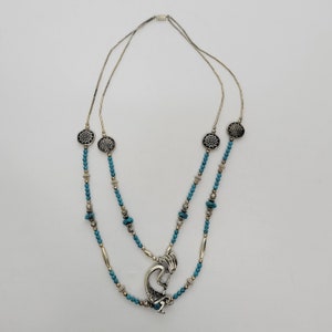 Two Strand Turquoise & Silver Beaded Necklace 925 Kokopelli Pendant 23&quot;