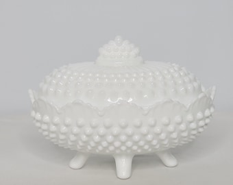 Vintage White Milk Glass Hobnail Oval Footed Covered Candy Dish with Lid 5" x 7"