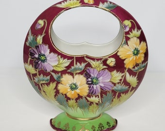 Rare Antique Porcelain Moon Basket Vase Hand Painted with Gold Trim Flowers