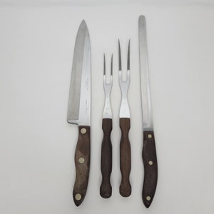 4 Piece Vintage Cutco Brown Wood Handle Knife Slicer Fork Set 24, 25, 26, 27