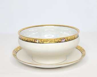 Antique Art Nouveau Deco Hand Painted Bowl & Underplate Floral Gold Rim