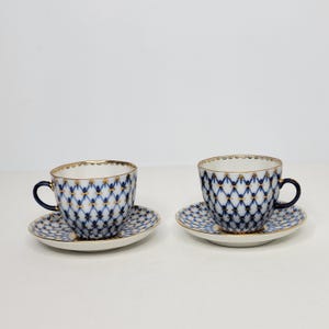 Pair of Lomonosov Cobalt Blue Net Footed Teacup & Saucer Sets 4 oz