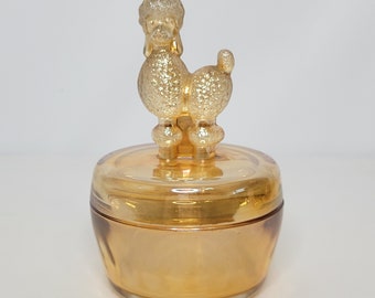 Vintage Jeannette Marigold Carnival Glass Poodle Trinket Powder Dish 6" H x 3" W