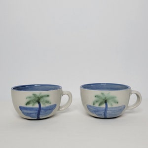Pair of Vintage M.A. Hadley Pottery Ceramic Palm Tree Breezy Coffee Mugs Cup 3&quot;x5&quot;