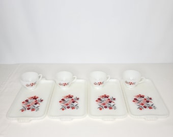 Vintage Fire-king Milk Glass Snack Set, Primrose Floral, 1960s