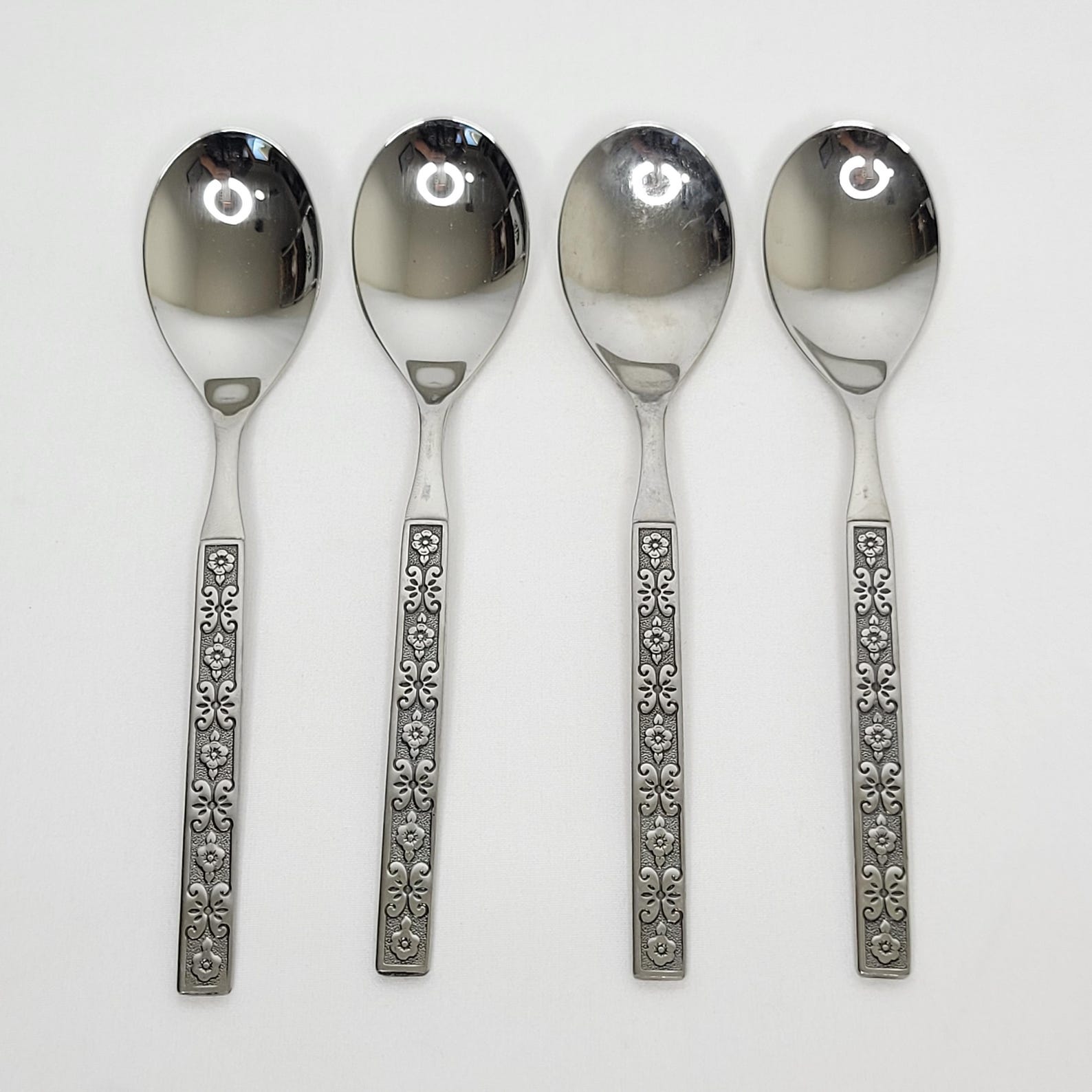 Set of 4 Oneida Capri Staineless 6 1/4" Egg Spaghetti Spoons Flatware Floral