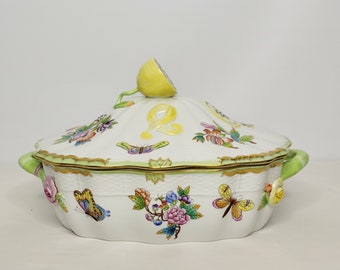Herend Queen Victoria Large Covered Vegetable Dish Bowl Tureen Lemon Finial #50