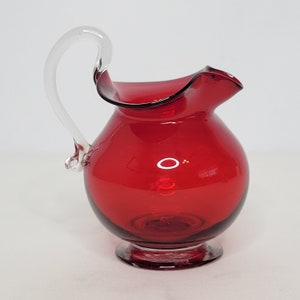 Vintage Handblown Glass Footed Creamer Red and Clear Mini Pitcher Applied Handle 3&quot;