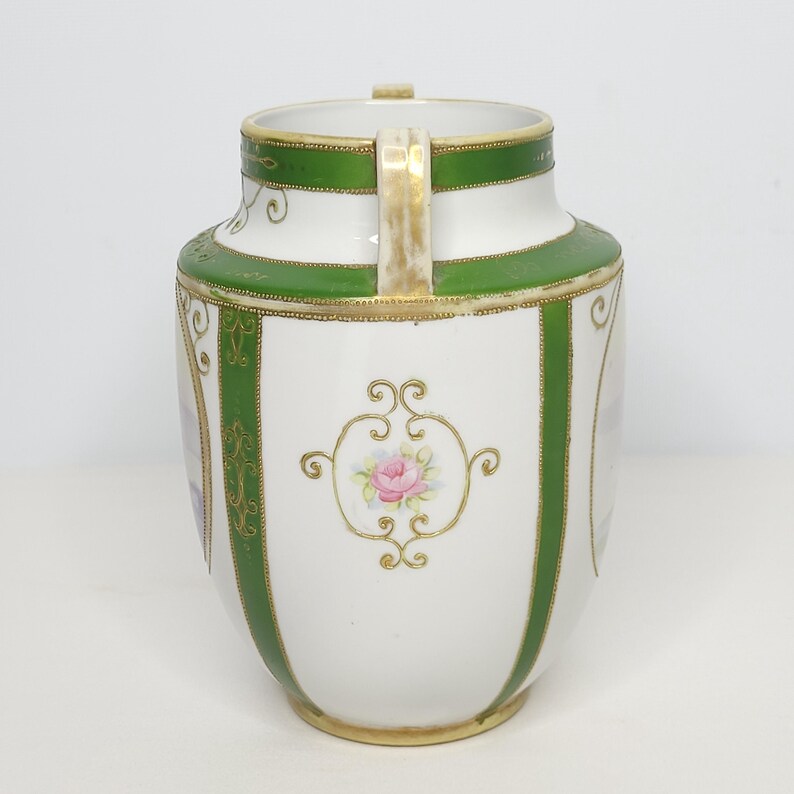 Antique Nippon Hand Painted Vase Green Gold Moriage Double Handle - Etsy