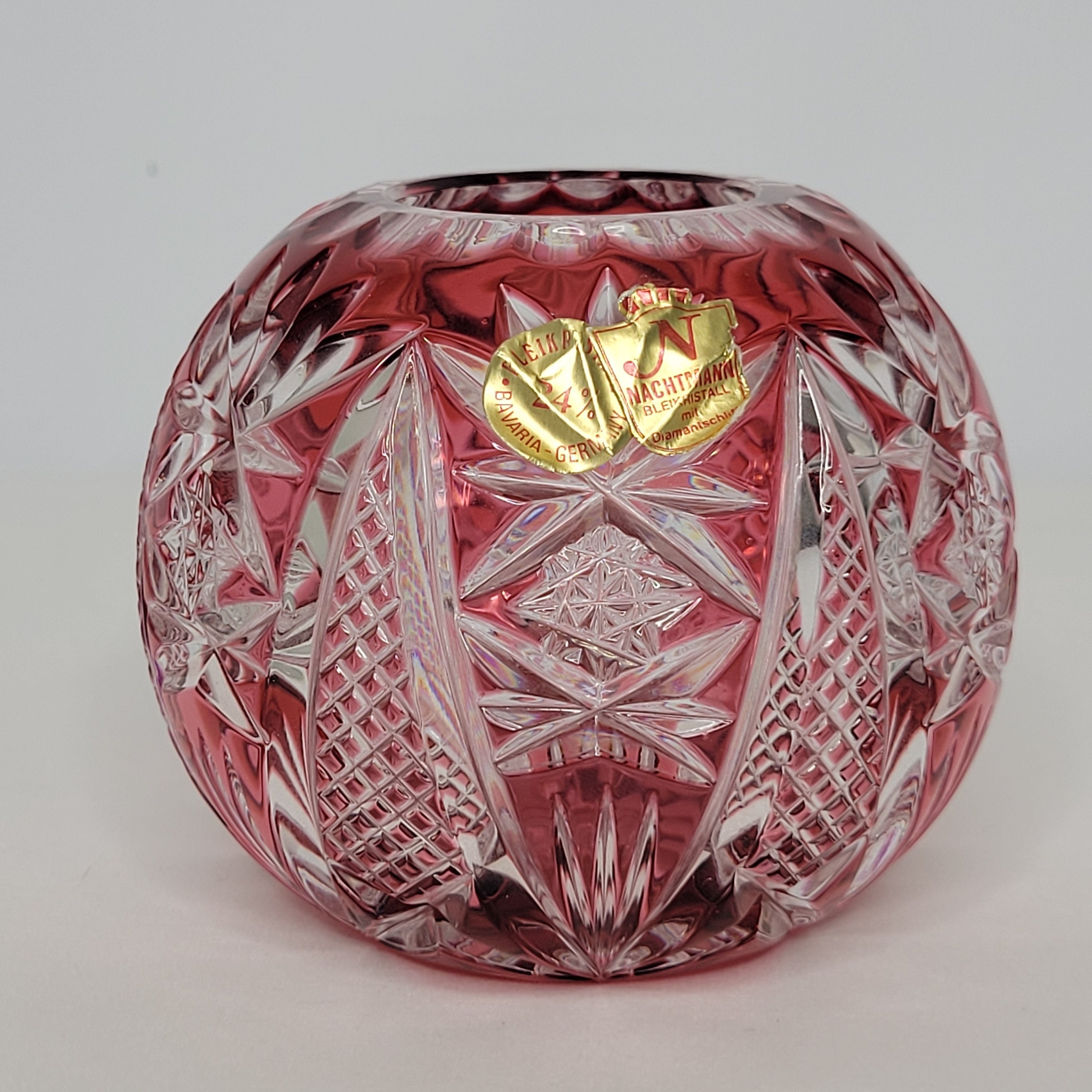 Vintage Nachtmann Crystal Cranberry Cut to Clear Rose Bowl Vase Germany