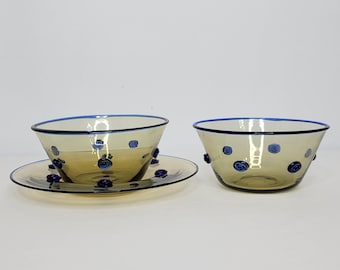 Antique Steuben Carder #3120 2 Finger Bowls & Underplate Amber Flemish Blue