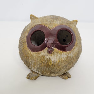 Vintage Hollow Stoneware Ceramic Brown Owl Figurine Round Sculpture 4.5" H