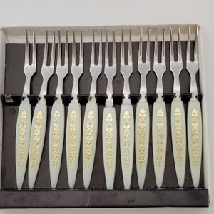 Set of 11 Vintage Plastic Handle Stainless Mini Cocktail Appetizer Forks 4&quot; Long