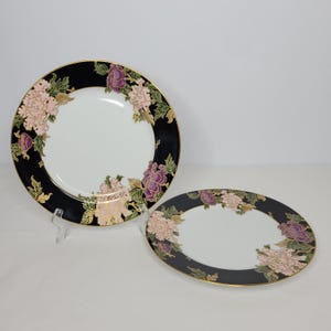 Pair of Vintage Fitz and Floyd Cloisonne Peony 10&quot; Dinner Plates FF75 Black