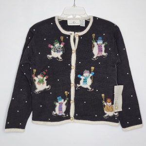 Design Options Small Knitted Black Long Sleeve Cardigan Christmas Beaded Snowman