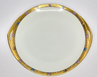 Antique Czech Art Deco Nouveau Cake Plate Hand Painted Flowers Gold Rim Handles