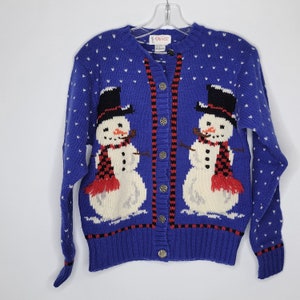 Vintage Orvis Womens Blue Knitted Button Up Long Sleeve Snowmen Cardigan Sweater Small Wool