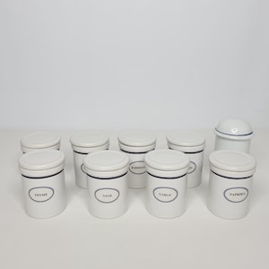 May include: A collection of white ceramic spice jars with matching lids. Each jar has a dark blue band and a label with the spice name in a dark blue oval. Spices include thyme, sage, garlic, and paprika.
