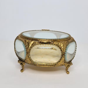 Vintage Brass Filigree Victorian Beveled Glass Hexagon Jewelry Box Ormolu Casket