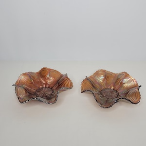 Vintage Pair of Fenton Amethyst Peacock Tail Carnival Glass Ruffled Dishes