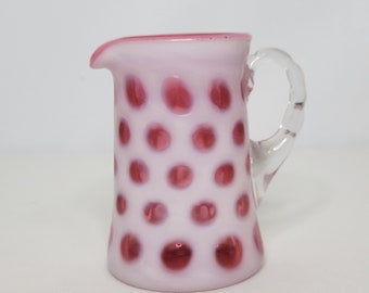 Fenton Glass Coin Dot Cranberry Pink Opalescent Creamer Pitcher 4" H x 2.5" W