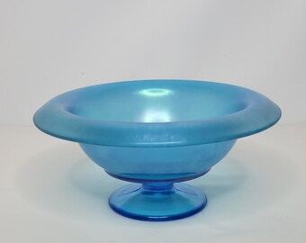 Vintage Iridescent Blue Stretch Glass Pedestal Bowl Dish 3.5" H x 7.5" W