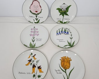 Full Set of 6 Vintage Scully & Scully Nonsense Plate Botanical Plates 7.75"
