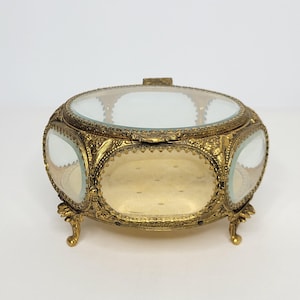 Vintage Brass Filigree Victorian Beveled Glass Hexagon Jewelry Box Ormolu Casket