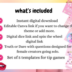 Puede incluir: Una lista de verificaci&oacute;n rosa y blanca con cinco marcas de verificaci&oacute;n. La lista de verificaci&oacute;n incluye los siguientes elementos: Descarga digital instant&aacute;nea, Enlace de Canva editable, Enlace de dados digitales, Verdad o Reto con preguntas dise&ntilde;adas para creadoras que van en solitario, y Conjunto de 5 plantillas para juegos de propinas. La imagen tambi&eacute;n incluye varios tableros de juego con dise&ntilde;os rosa y blanco.