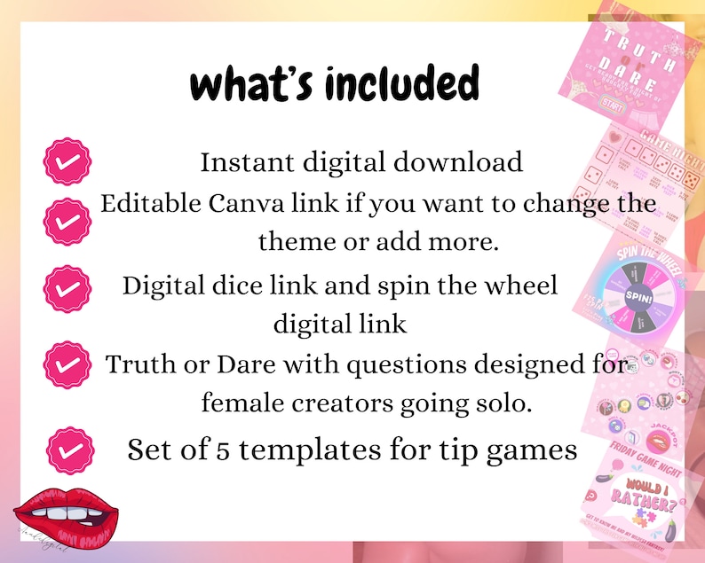 Puede incluir: Una lista de verificaci&oacute;n rosa y blanca con cinco marcas de verificaci&oacute;n. La lista de verificaci&oacute;n incluye los siguientes elementos: Descarga digital instant&aacute;nea, Enlace de Canva editable, Enlace de dados digitales, Verdad o Reto con preguntas dise&ntilde;adas para creadoras que van en solitario, y Conjunto de 5 plantillas para juegos de propinas. La imagen tambi&eacute;n incluye varios tableros de juego con dise&ntilde;os rosa y blanco.
