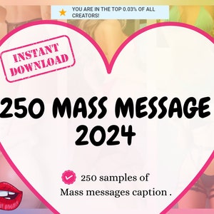 Puede incluir: Un gráfico en forma de corazón rosa con el texto "250 MASS MESSAGE 2024" y un icono de marca de verificación con el texto "250 muestras de leyendas de mensajes masivos."