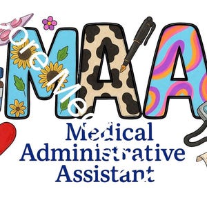 Puede incluir: Un gráfico colorido con las letras "MAXA" con varios patrones, incluyendo girasoles, estampado de vaca y remolinos psicodélicos. La imagen incluye iconos relacionados con la medicina como un estetoscopio, pastillas y un corazón, con el texto "Medical Administrative Assistant".