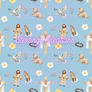 May include: A light blue seamless pattern featuring religious symbols. The design includes illustrations of doves, lambs, Jesus, praying hands, crosses, flowers, and a crown of thorns. The text "Sterlings Creations" is also present.